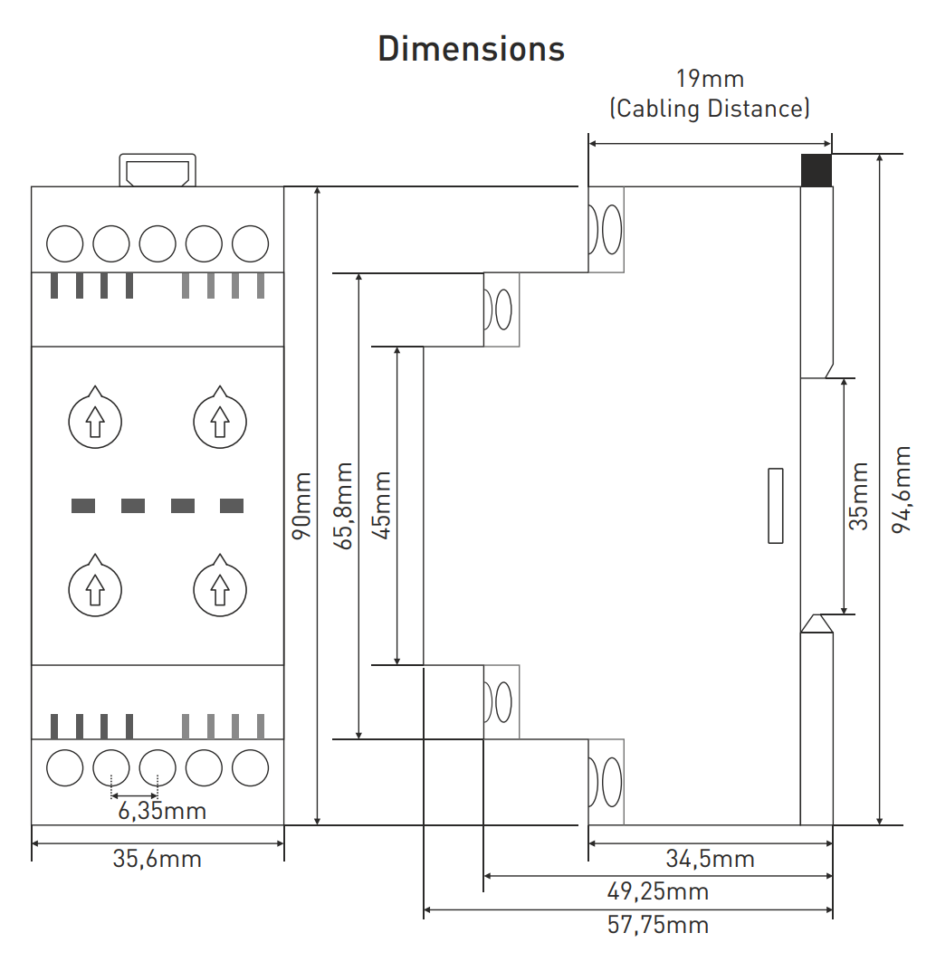 3 Phase Under / Over Voltage Monitoring Relay With Phase Fail / Sequence Control, 220-240V AC, DIN Rail Mount, SPDT, GKM, TENSE dimensions