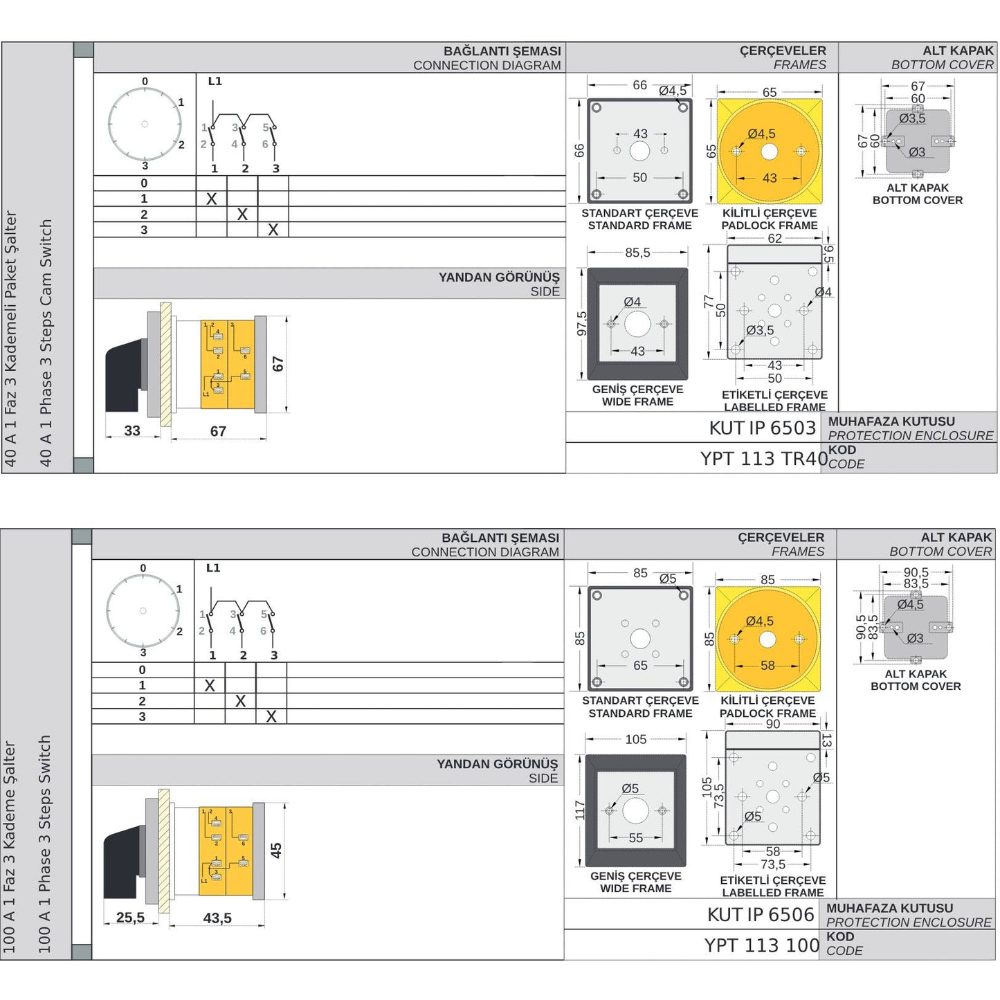 4 Position Multi Step Rotary Cam Switch 0-1-2-3 Changeover Selector Multi Step Cam Switch, 16A 25A 32A 40A 50A 63A 80A 100A 115A 125A, YPT113 dimensions connection diagram