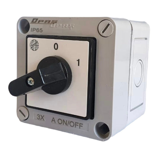 IP65, 2 position rotary cam switch OFF-ON / 0-1, 3 poles, in plastic enclosure / box, YKT301, OPAS
