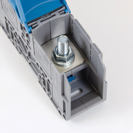 ONKA 120mm2 STUD terminal block for M10 cable lugs, DIN rail mount with protective cover, blue, 1030076