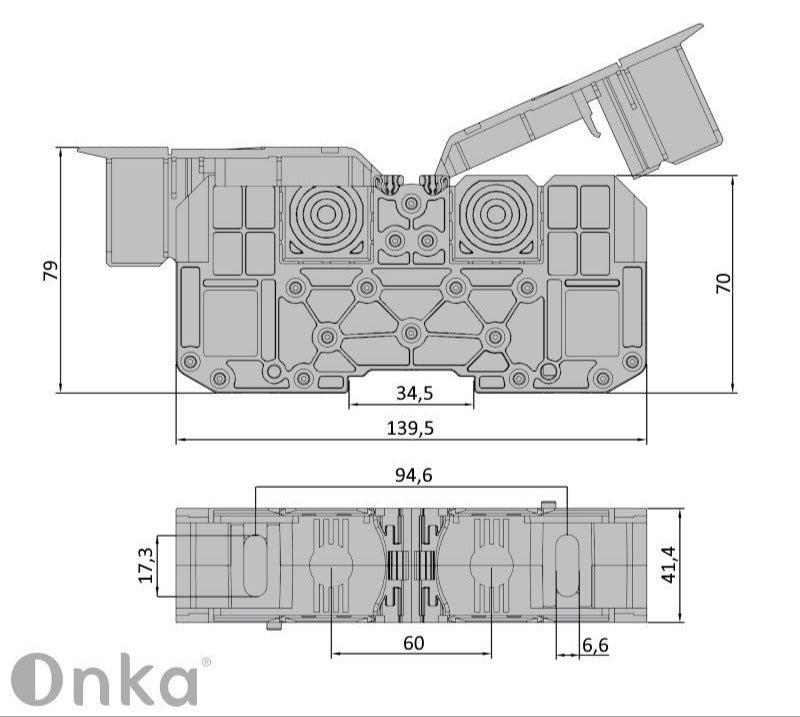 ONKA 150mm2 STUD terminal for M12 cable lugs, DIN rail mount with protective cover, blue, 1030091