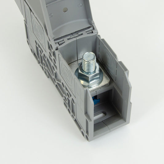 ONKA 150mm2 STUD terminal for M12 cable lugs, DIN rail mount with protective cover, grey, 1030088