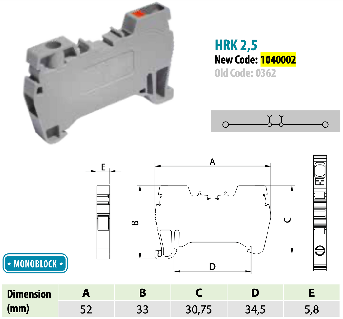 ONKA 2.5mm2 Hybrid Screw / Spring clamps Terminal DIN Rail Terminal Block 2-wires grey, 1040002