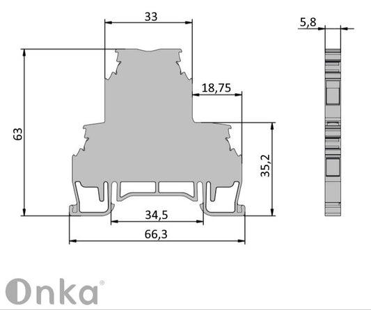 ONKA 2.5mm2, double level screw clamp terminal block, DIN rail terminal 4-wires, grey, 1010332
