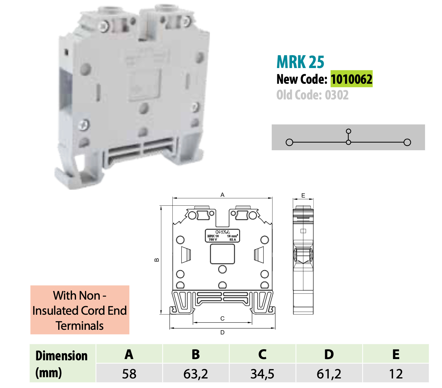 ONKA 25mm2 Screw Clamp type DIN rail terminal block, 2-wires, grey, 1010062