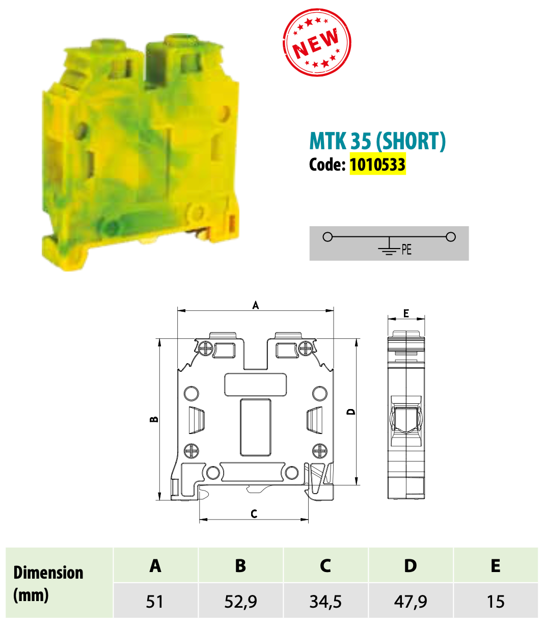 ONKA 35mm2 PE / Earth screw clamp green / yellow terminal (short) DIN rail mount, 1010533