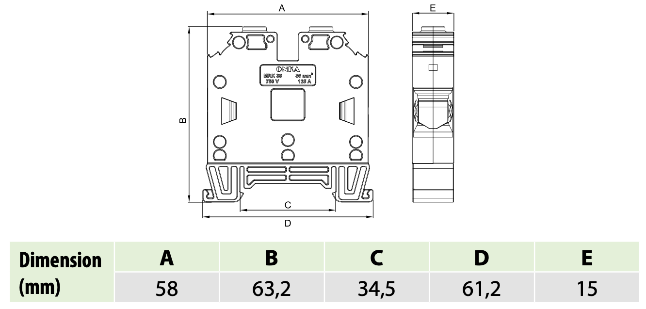 8c3ad6ONKA 35mm2 Screw Clamp type DIN rail terminal block, blue