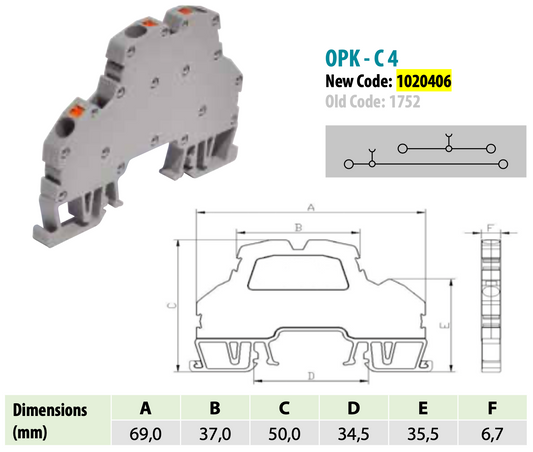 ONKA 4mm2, double level spring clamp (push-in) terminal block, DIN rail terminal 4-wires, grey, 1020406
