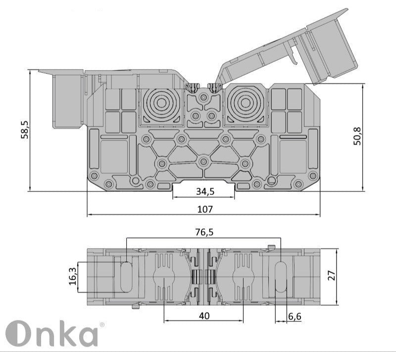 ONKA 50mm2 STUD terminal block for M8 cable lugs, DIN rail mount with protective cover, grey, 1030031
