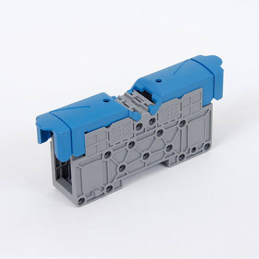 ONKA 50mm2 STUD terminal block for M8 cable lugs, DIN rail mount with protective cover, blue, 1030034