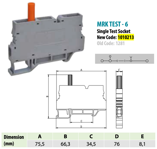 ONKA 6mm2 Screw Clamp terminal block with test terminal, DIN rail mount, 2-wires grey, 1010213