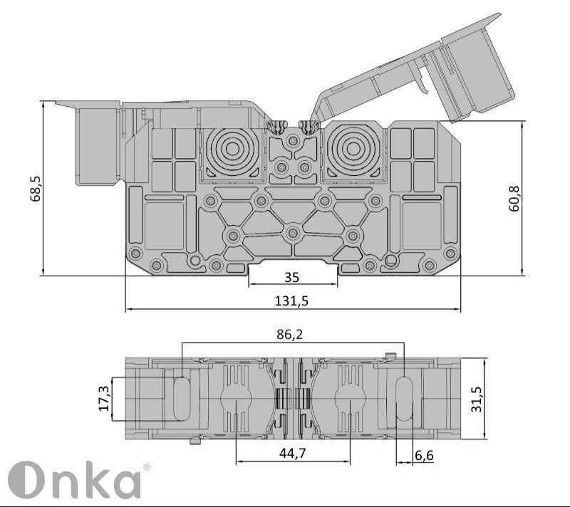 ONKA 70mm2 STUD terminal block for M8 cable lugs, DIN rail mount with protective cover, grey, 1030045