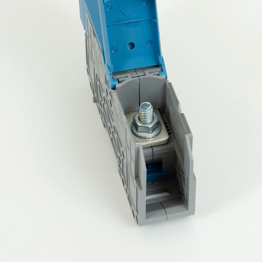 ONKA 70mm2 STUD terminal block for M8 cable lugs, DIN rail mount with protective cover, blue, 1030048