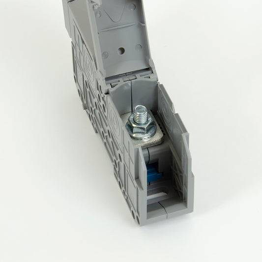 ONKA 95mm2 STUD terminal block for M8 cable lugs, DIN rail mount with protective cover, grey, 1030059