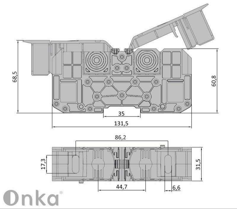 ONKA 95mm2 STUD terminal block for M8 cable lugs, DIN rail mount with protective cover, grey, 1030059
