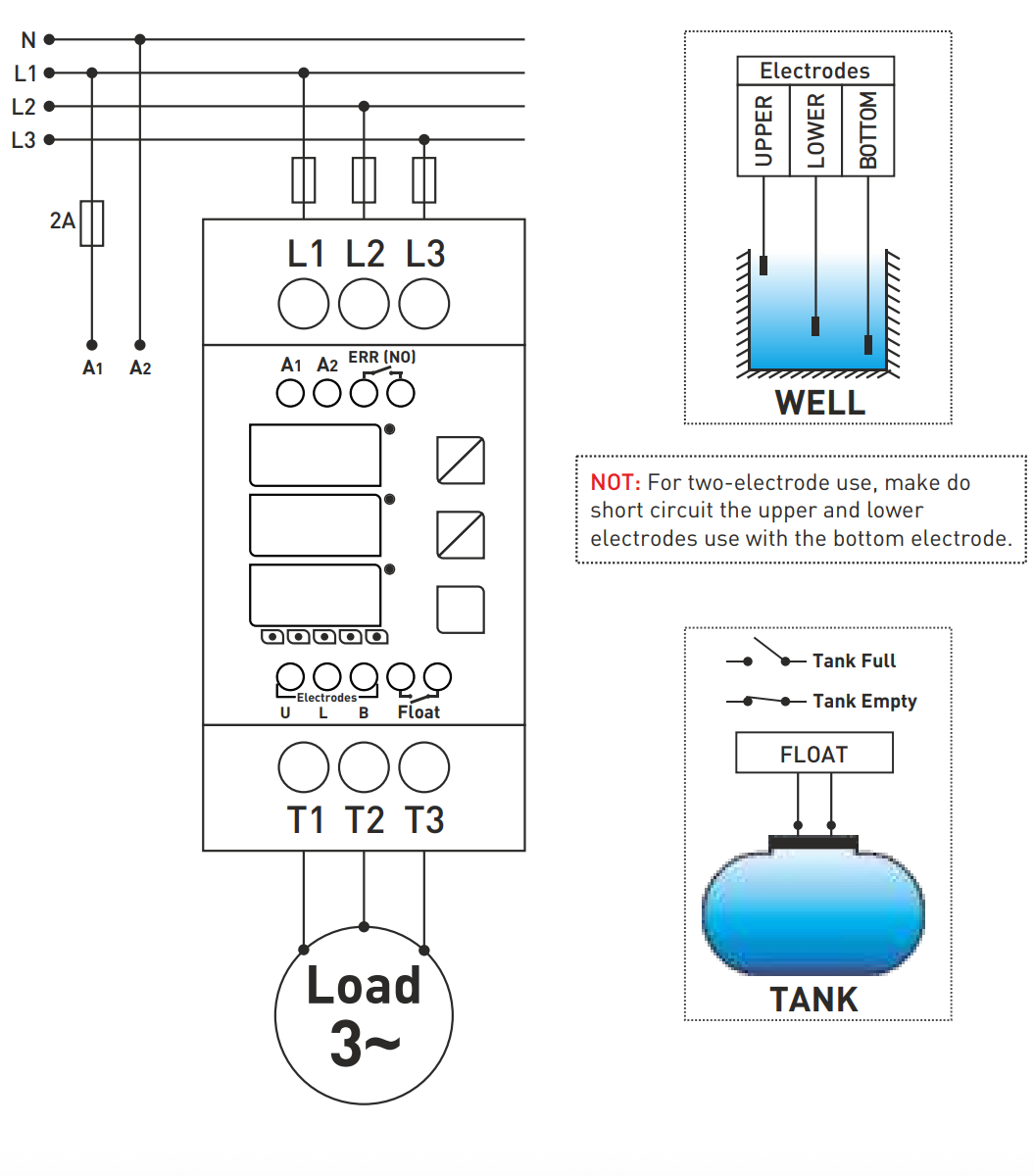 Electrical diagram with various components and connections Simple and Compact DIN rail Mount Controller for Submersible 3 phase Pump , for deep well and tank water levels, TDK-30, TENSE