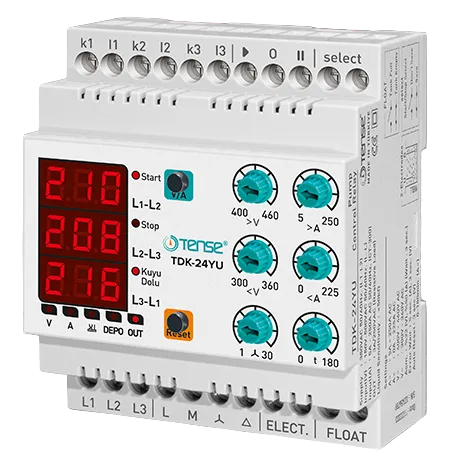 Simple DIN rail Mount Controller for Submersible 3 phase Pump, for deep well and tank water levels, TDK-24YU, TENSE