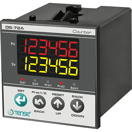 1/8 DIN Digital Impulse Multi Function Counter, Up/Down, 7500 Hz, Panel Mount , 100V...240V AC, Relay + SS(R) output, 2x6 Digit LED Displays, DS-72A, TENSE