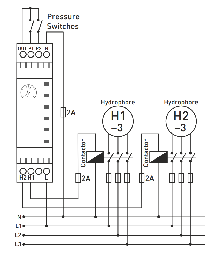 2 Pumps / Hydrophores control Sequencing Relay / Pump switch, DIN rail mounted HSR-02X TENSE