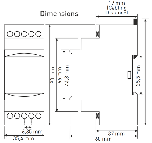 3 Phase Under / Over Voltage Monitoring Relay With Phase Fail / Sequence Control, Without Neutral Connection,DIN Rail Mount, 380V AC, SPDT, GKT-03F, TENSE dimensions