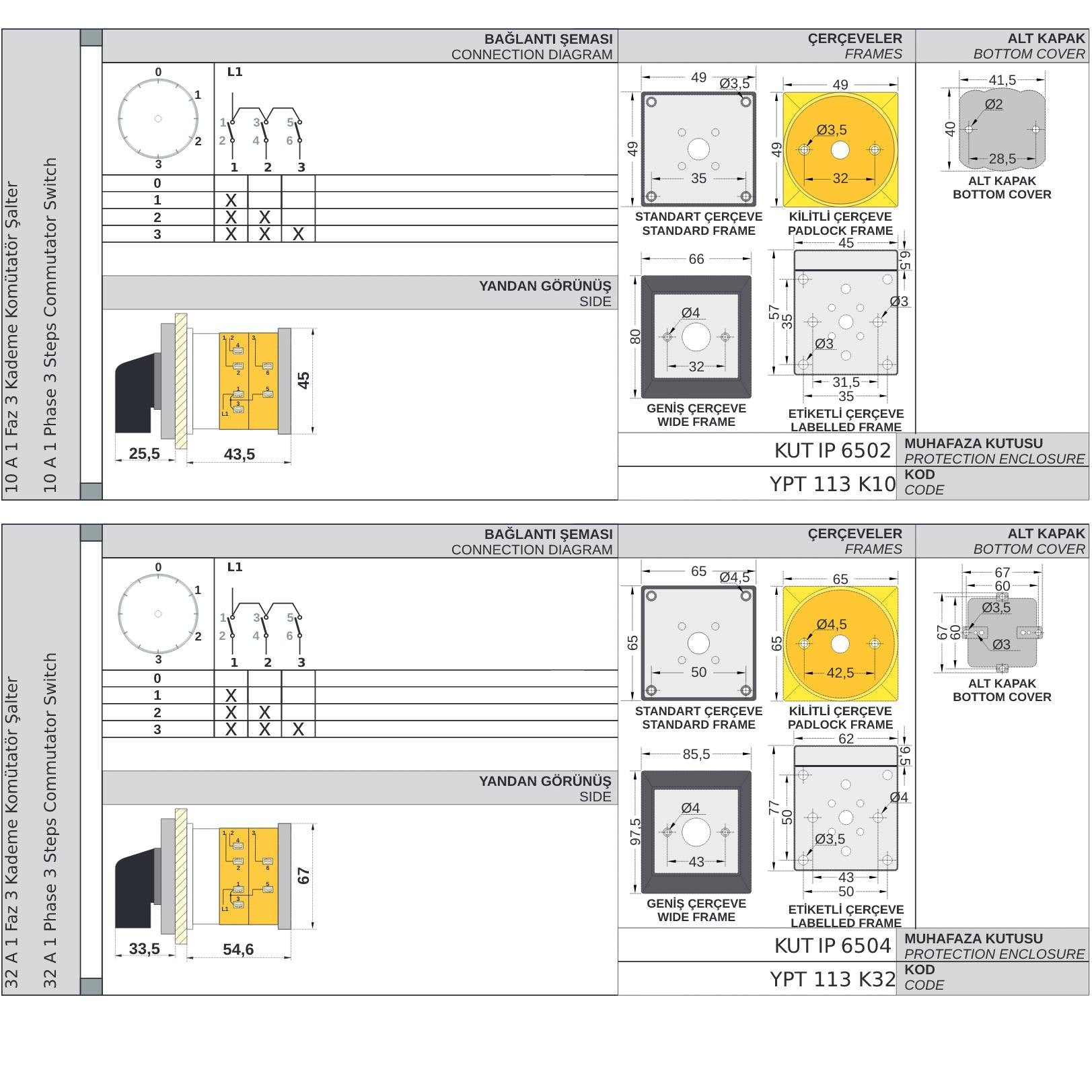 4 Position Combination Rotary Cam Switch 0-1-2-3 Integrator Multi Step Cam Switch, 16A 25A 32A 40A 50A 63A 80A 100A 115A 125A,  YPT113 dimensions size
