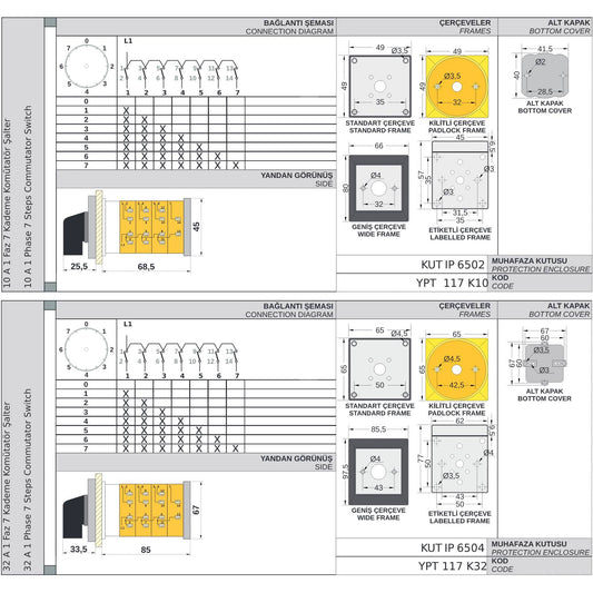 8 Position Combination Rotary Cam Switch 0-1-2-3-4-5-6-7 Integrator Multi Step Cam Switch, 16A 25A 32A 40A, YPT117K dimensions