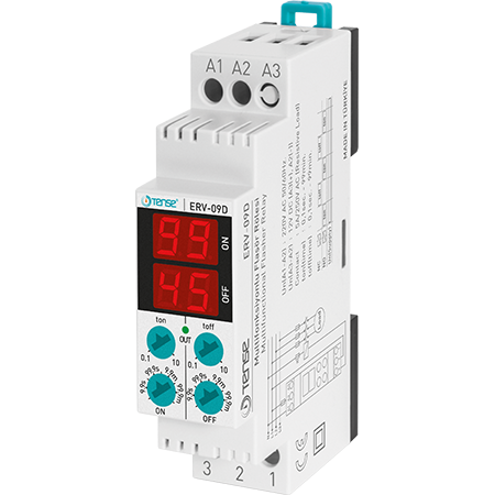 Digital Asymmetric / Symmetric Cycle Flasher Timer Relay, DIN rail Mount, SPDT, NO+NC, dual power 12V DC and 100V-240VAC ERV-09D, TENSE