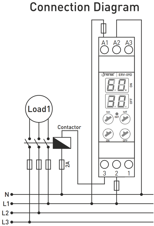 Digital Asymmetric / Symmetric Cycle Flasher Timer Relay, DIN rail Mount, SPDT, NO+NC, dual power 12V DC and 100V-240VAC ERV-09D, TENSE connection diagram