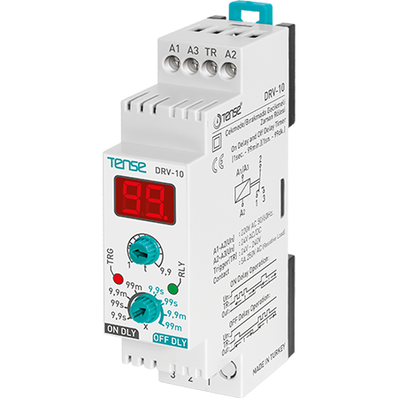 Digital One Shot ON-Delay OFF-Delay (Impulse) Timer Relay With Trigger input, DIN rail mount, SPDT, NO+NC, LED, DRV-10, TENSE