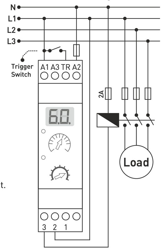 Digital One Shot ON-Delay OFF-Delay (Impulse) Timer Relay With Trigger input, DIN rail mount, SPDT, NO+NC, LED, DRV-10, connection diagramm