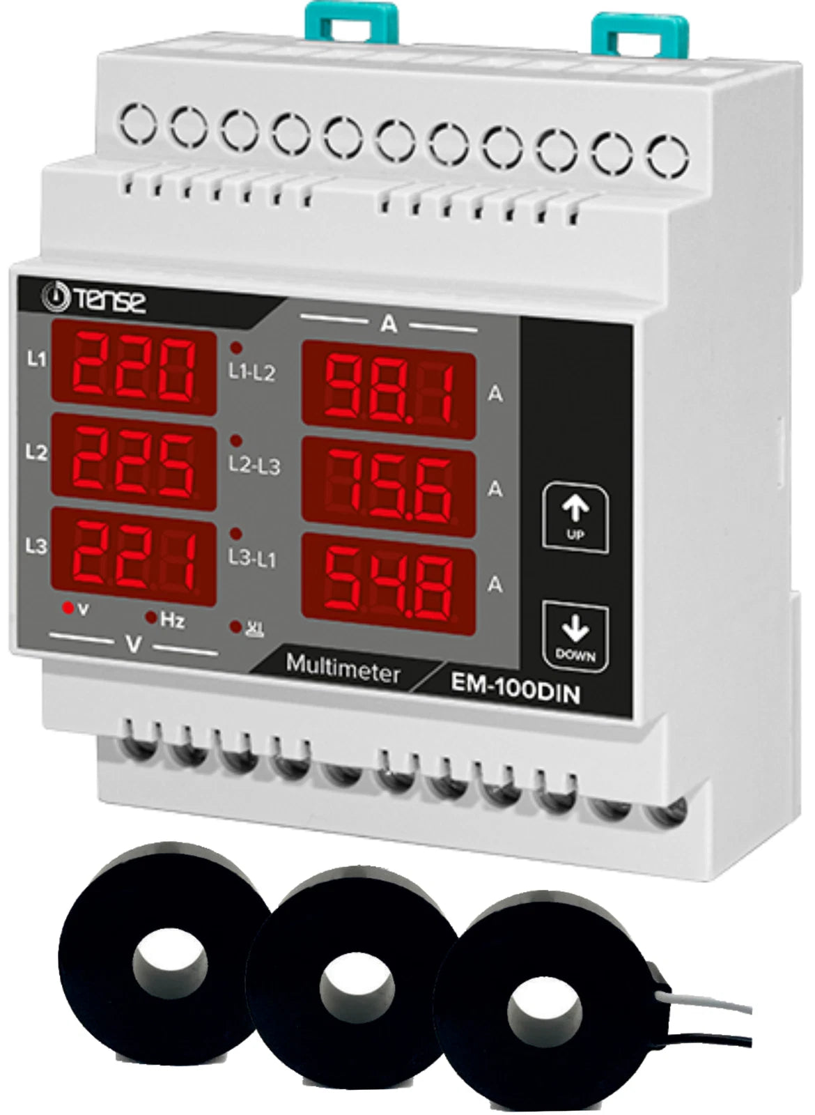 3 Phase digital multifunctional DIN rail mount meter, Current/Voltage/Frequency, 6xLED displays, connection X/5 or 100A or 250A, TENSE