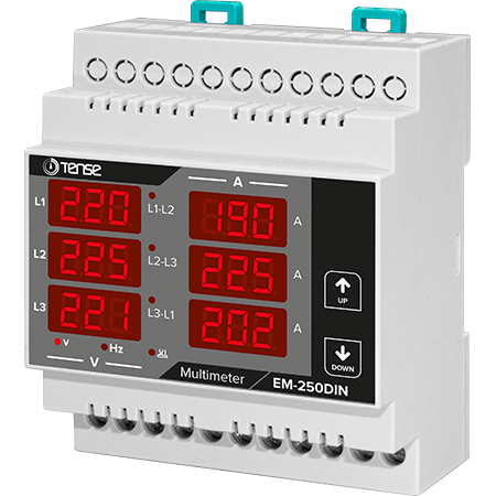 3 Phase digital multifunctional DIN rail mount meter, Current/Voltage/Frequency, 6xLED displays, connection X/5 or 100A or 250A, TENSE