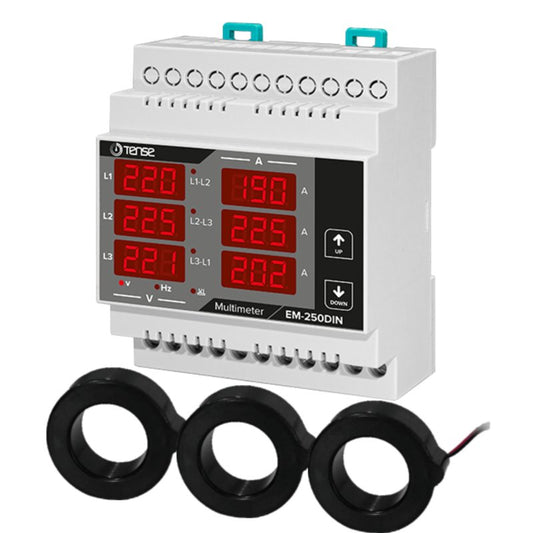 3 Phase digital multifunctional DIN rail mount meter, Current/Voltage/Frequency, 6xLED displays, connection X/5 or 100A or 250A, TENSE