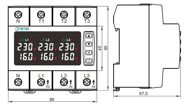 3 Phase Under / Over Voltage Current Monitoring Relay With Phase Fail / Sequence Control, DIN Rail Mount, up to 63A