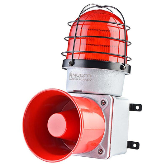 Heavy duty metal die-cast siren/horn/sounder with LED Warning Strobe signalling light with Protection Cage, IP65, 85-250V AC/DC
