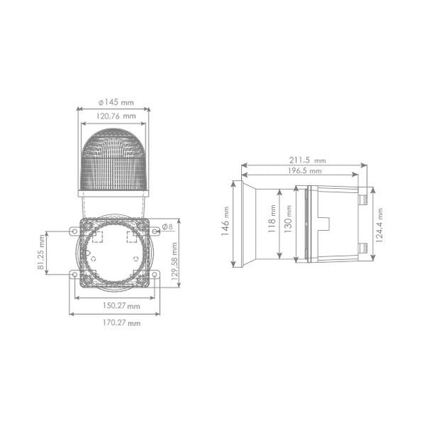 Heavy duty metal die-cast siren/horn/sounder with LED Warning Strobe signalling light with Protection Cage, IP65, 85-250V AC/DC
