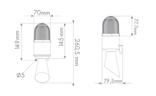 IP65 LED RGB Signal beacon Steady, Flashing, Strobe light beacon with horn sounder / siren, IP65 , AC/DC, 130dB , SNT-B72-RGB, SNT-B74-RGB dimensions