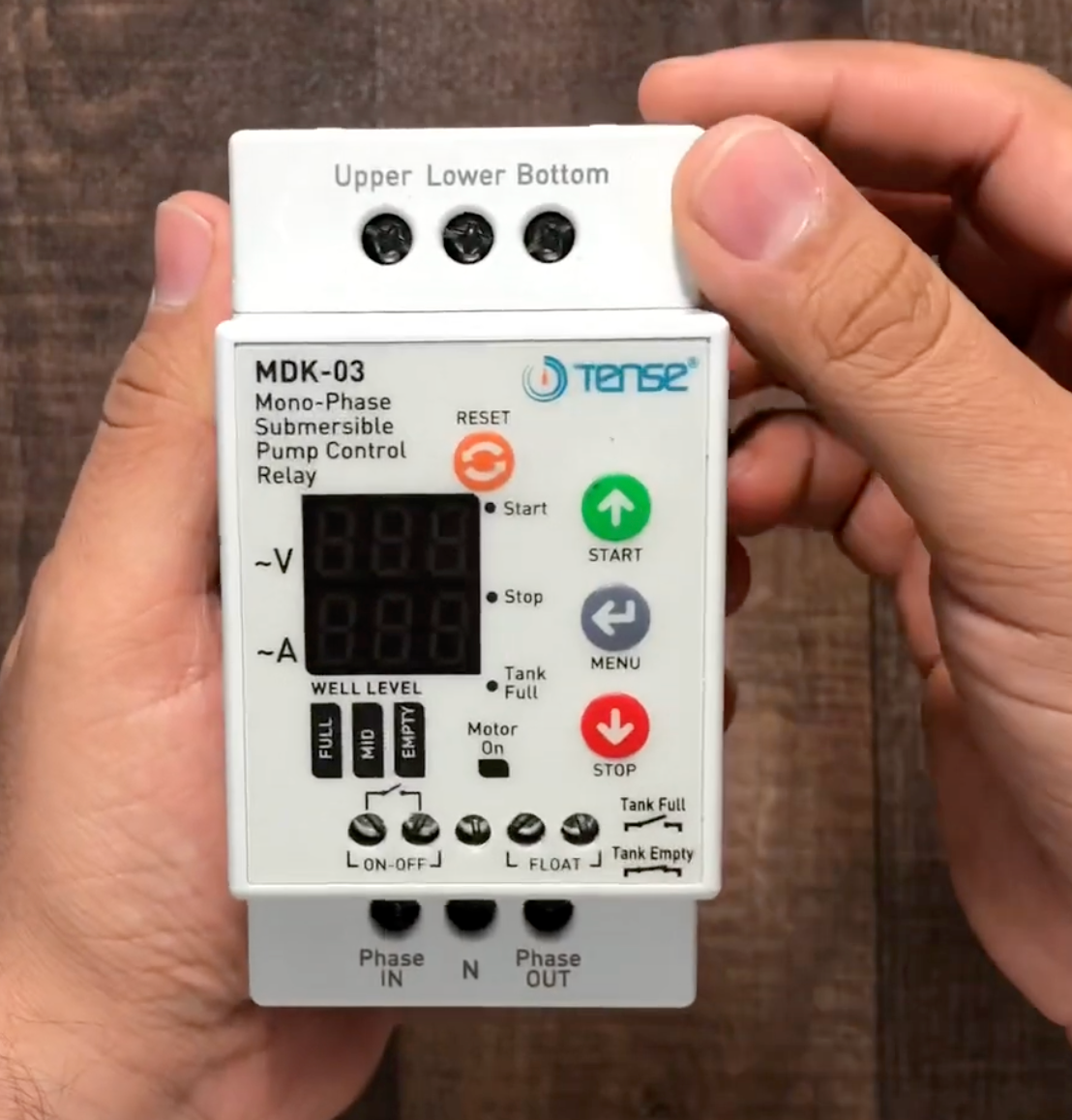Simple and Compact DIN rail Mount Controller for Submersible single phase Pump, for deep well and tank water levels, MDK-03