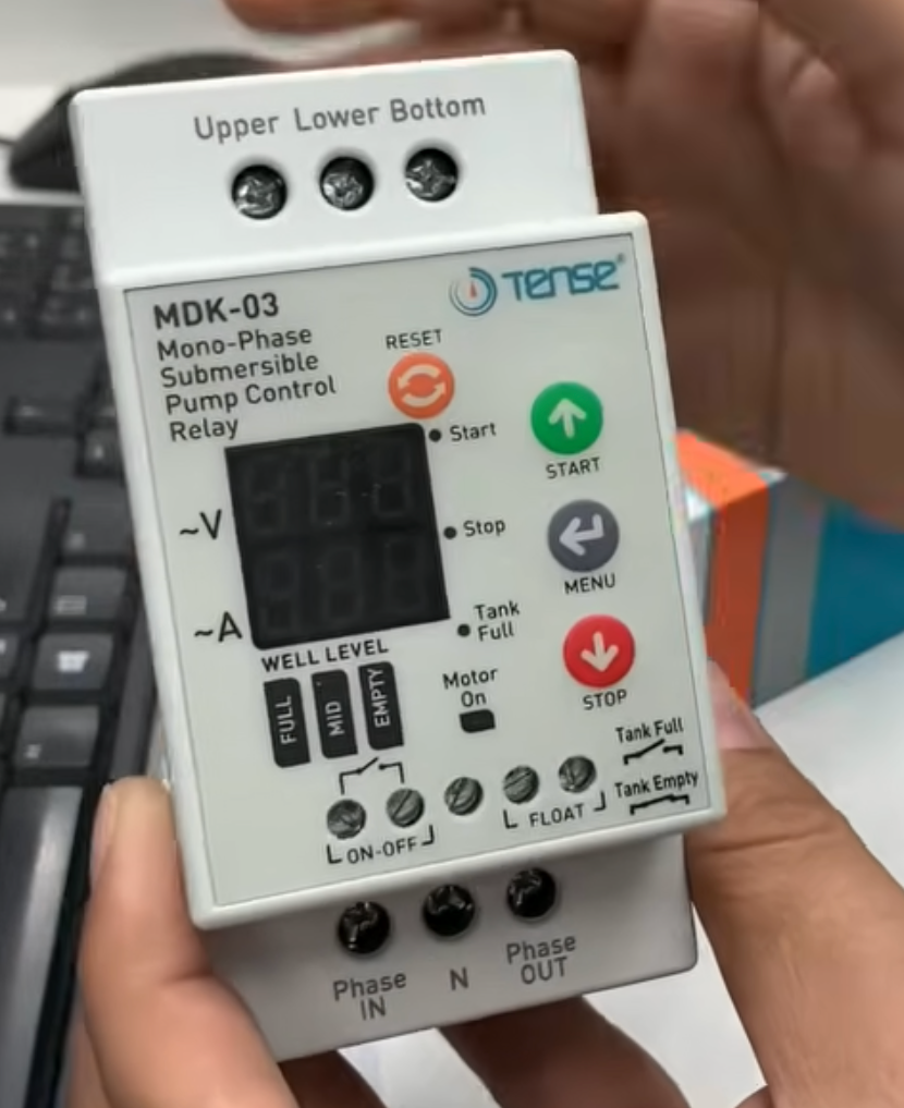 Simple and Compact DIN rail Mount Controller for Submersible single phase Pump, for deep well and tank water levels, MDK-03
