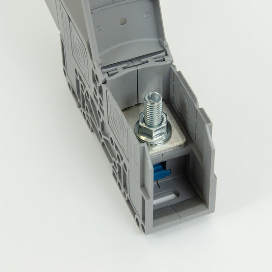 ONKA 120mm2 STUD terminal block for M10 cable lugs, DIN rail mount with protective cover, grey, 1030073