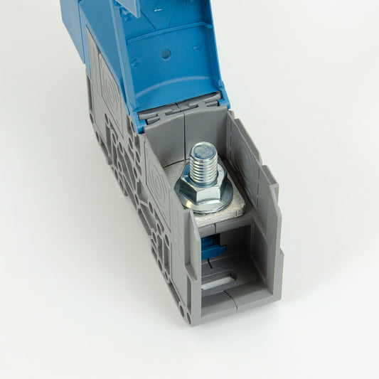 ONKA 150mm2 STUD terminal for M12 cable lugs, DIN rail mount with protective cover, blue, 1030091