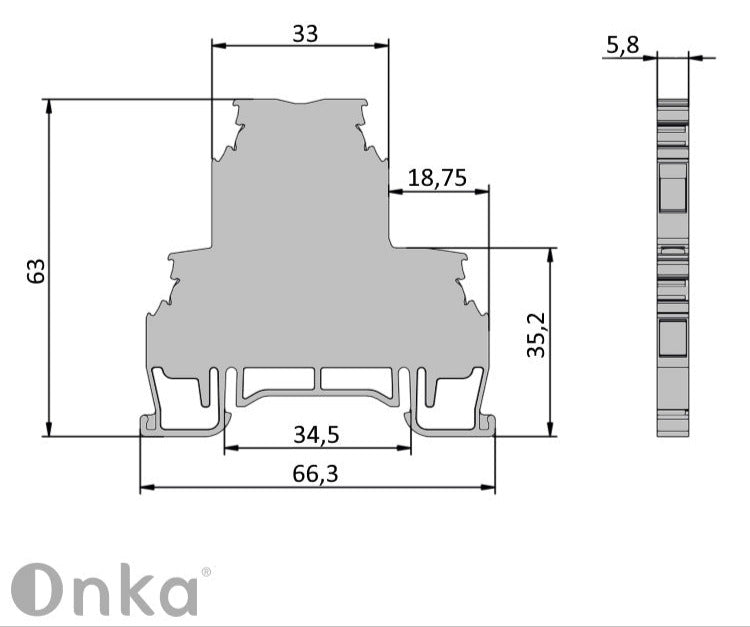 ONKA 2.5mm2, double level screw clamp terminal block, DIN rail terminal 4-wires, grey, 1010332