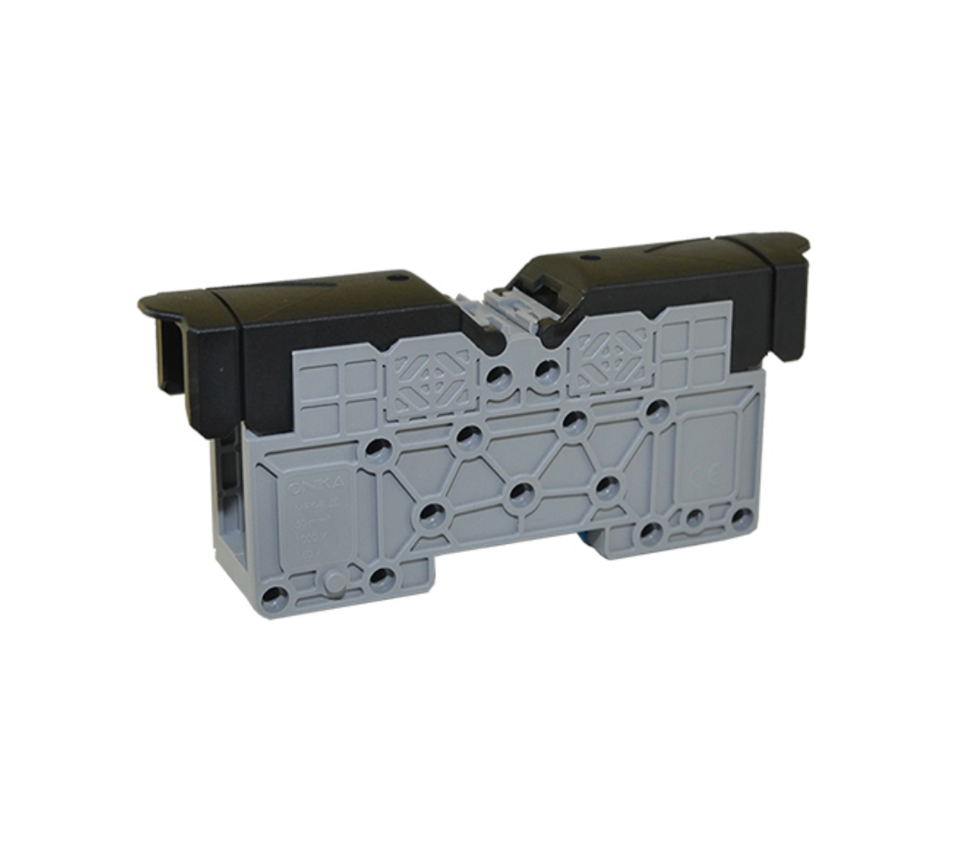 ONKA 240mm2 STUD terminal for M12 cable lugs, DIN rail mount with protective cover, black, BR-1030118