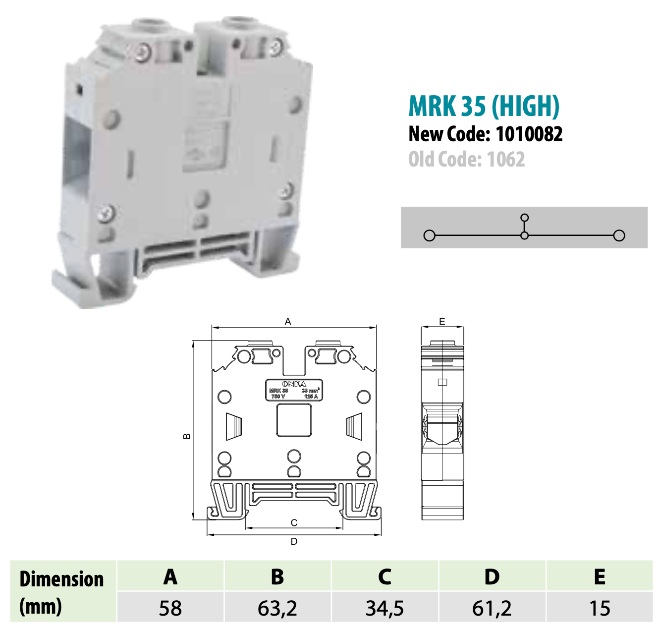 ONKA 35mm2 Screw Clamp type DIN rail terminal block, grey, 1010082