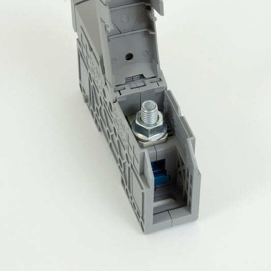 ONKA 50mm2 STUD terminal block for M8 cable lugs, DIN rail mount with protective cover, grey, 1030031