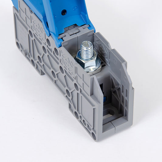 ONKA 50mm2 STUD terminal block for M8 cable lugs, DIN rail mount with protective cover, blue, 1030034