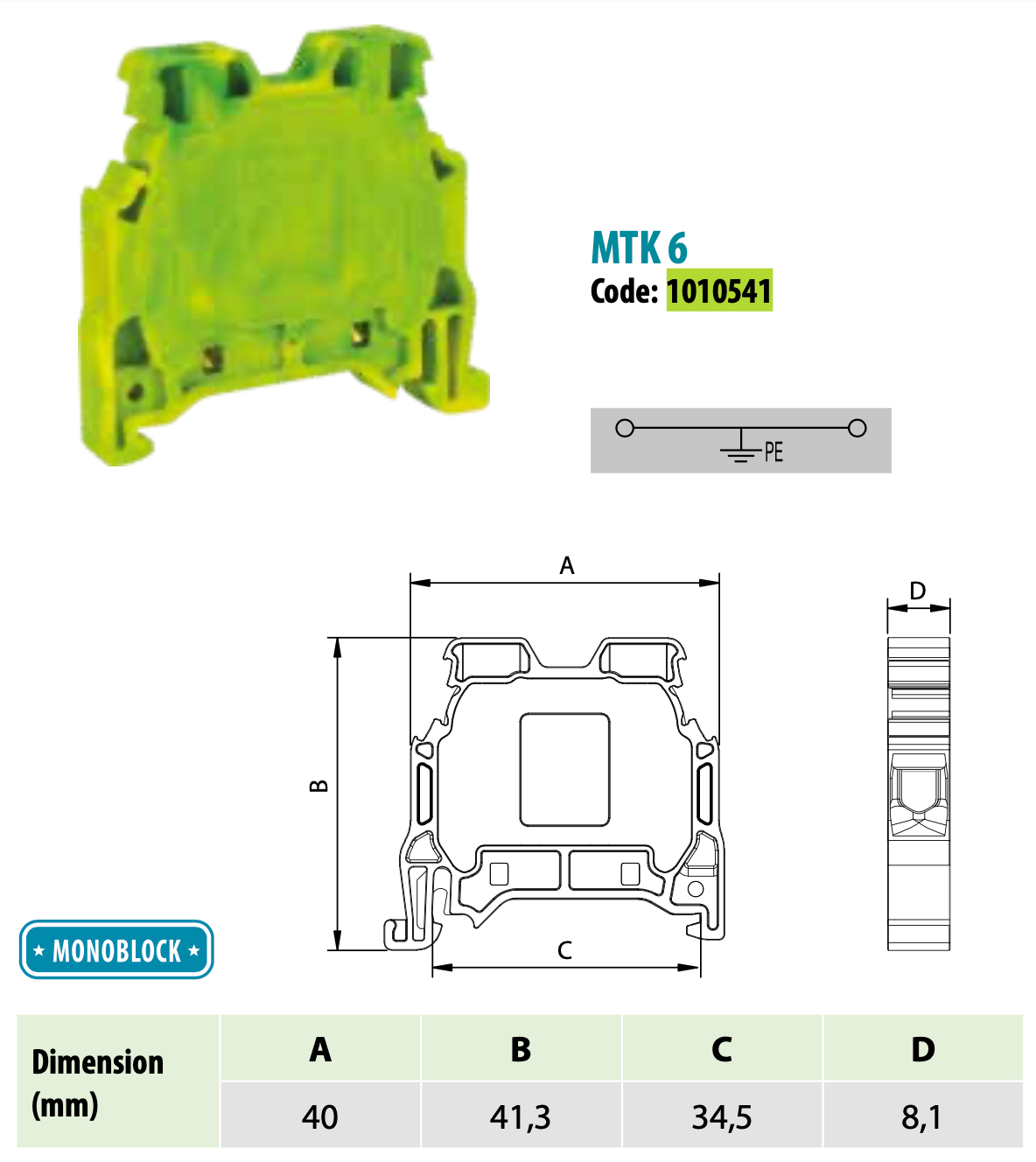 ONKA 6mm2 PE / Earth screw clamp green / yellow DIN rail terminal, 1010541