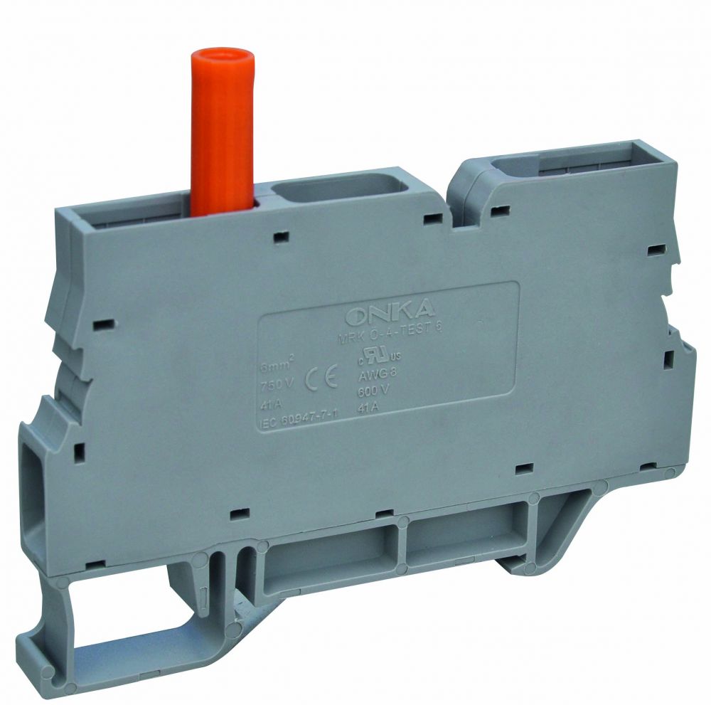 ONKA 6mm2 Screw Clamp terminal block with test terminal, DIN rail mount, 2-wires grey, 1010213