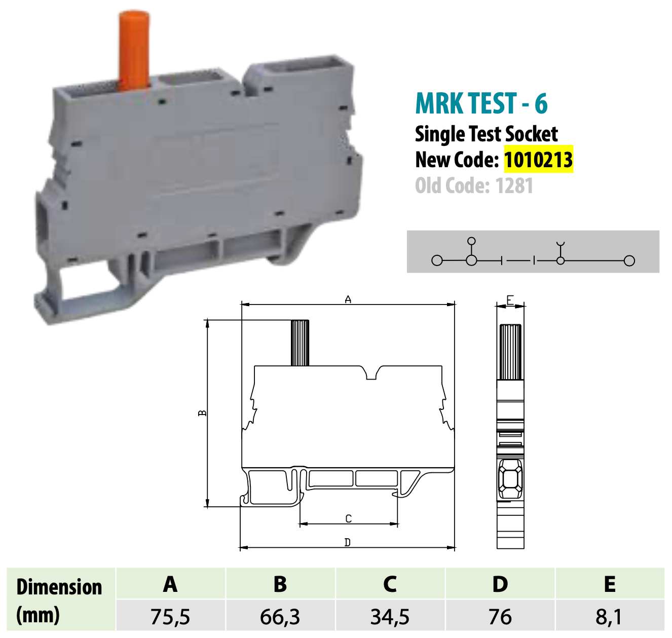 ONKA 6mm2 Screw Clamp terminal block with test terminal, DIN rail mount, 2-wires grey, 1010213