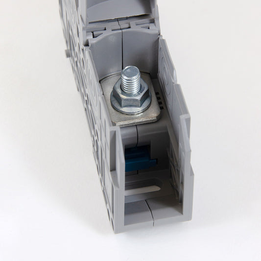 ONKA 70mm2 STUD terminal block for M8 cable lugs, DIN rail mount with protective cover, grey, 1030045